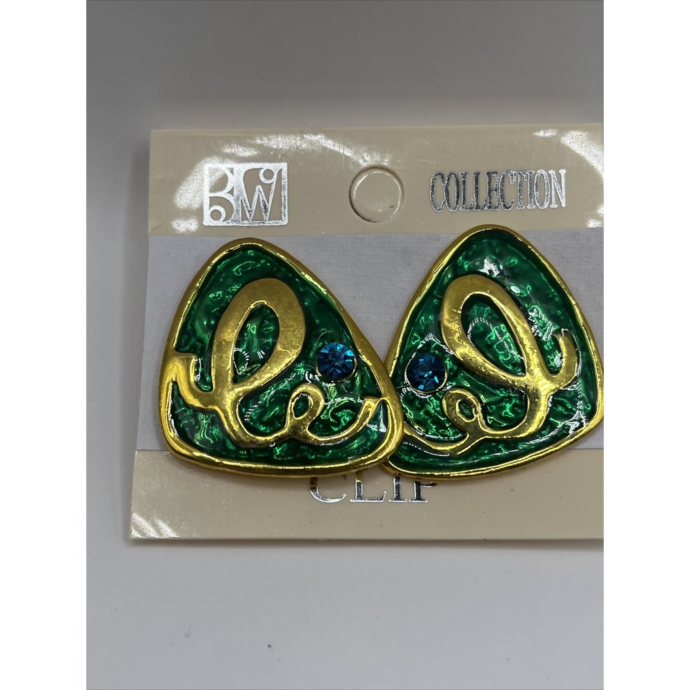 BW Collection "Art Deco" Style Earrings Green Enamel & Gold Clip Earrings